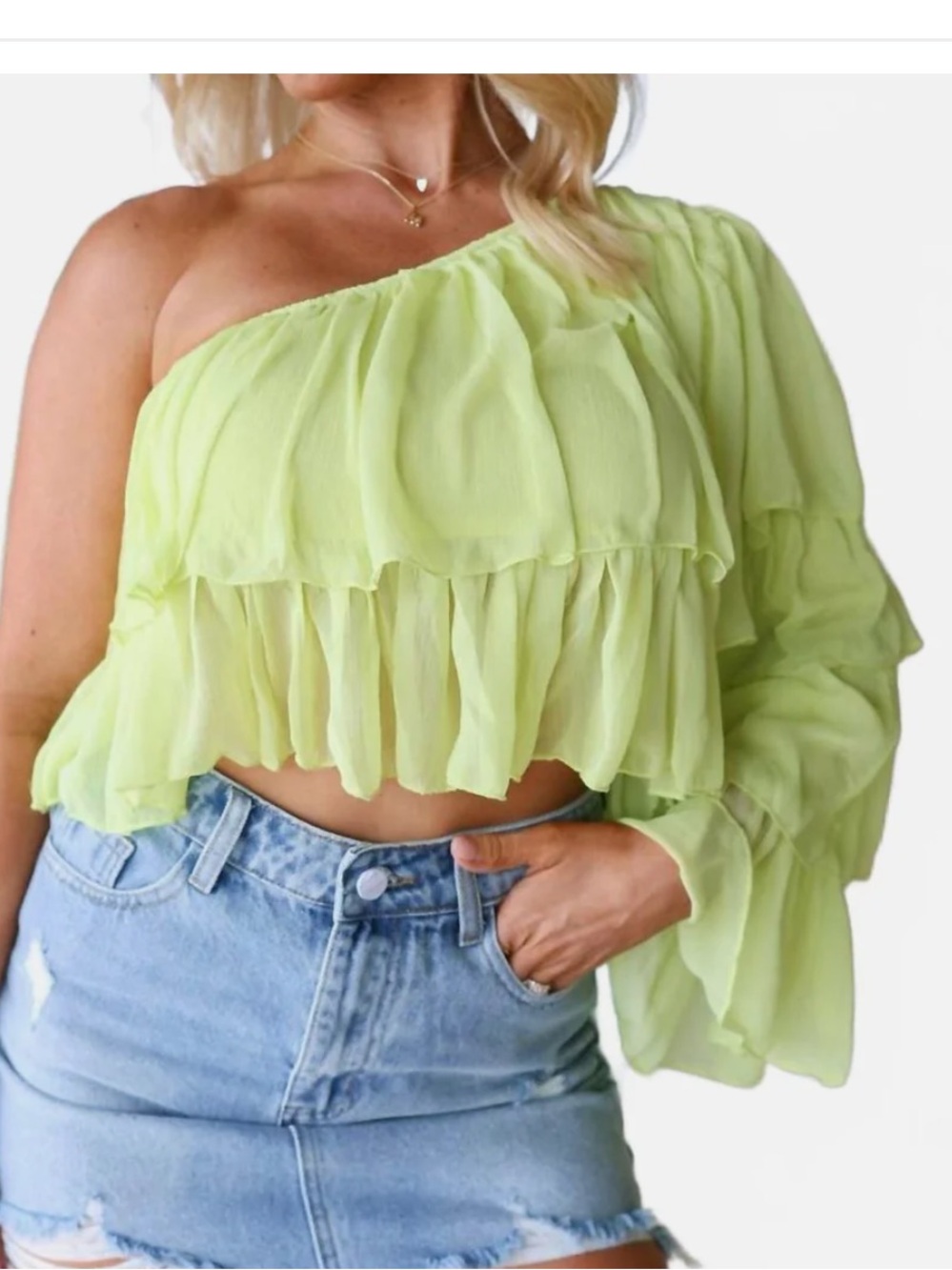 Idem Ditto Women’s One Shoulder Tiered Sleeved Top Light Lime Preppy Size Medium
